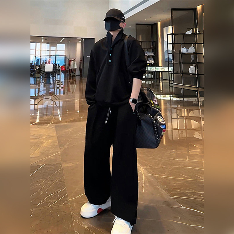 潮牌高端polo领设计卫衣套装男春秋季2026新款阔腿长裤休闲两件套