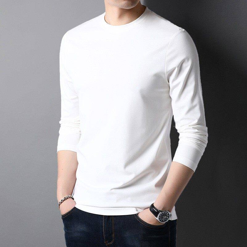 原棉部落 莫代尔长袖t恤男春夏高端圆领白色修身男士休闲打底衫