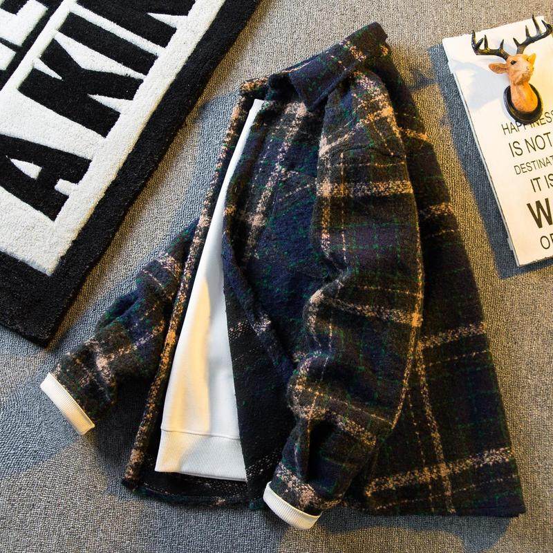 复古格子衬衫男春秋冬季2025新款潮流宽松小香风毛呢外套翻领夹克