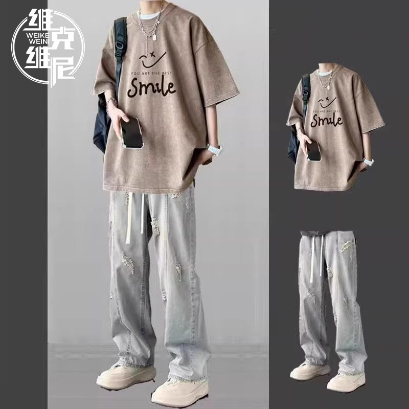 美式复古休闲套装男士夏季潮牌痞帅短袖T恤搭配水洗牛仔裤两件套
