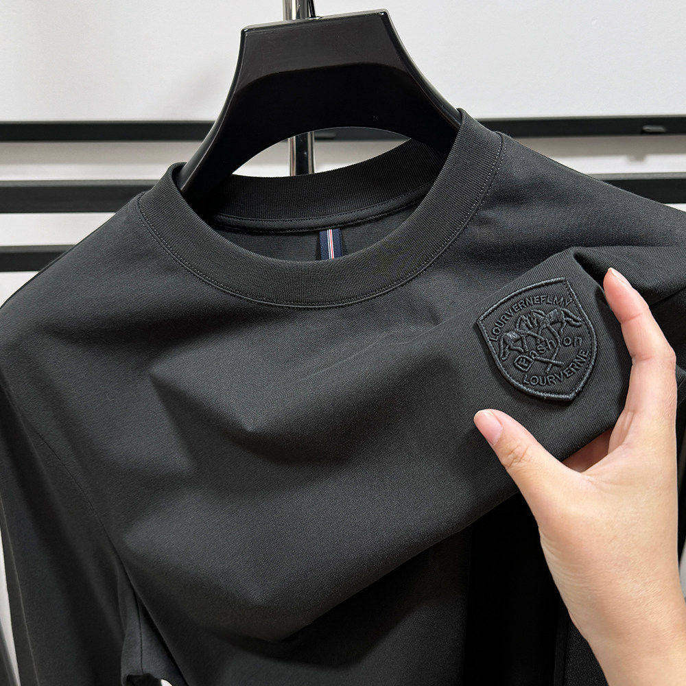 MAROLIO~高端刺绣纯色短袖t恤男夏季100%长绒棉宽松百搭长袖体恤