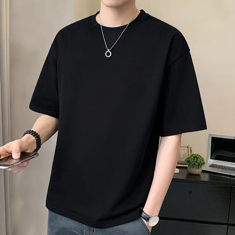 黑色重磅纯棉t恤男士夏季潮流宽松百搭显瘦圆领外穿打底半袖上衣