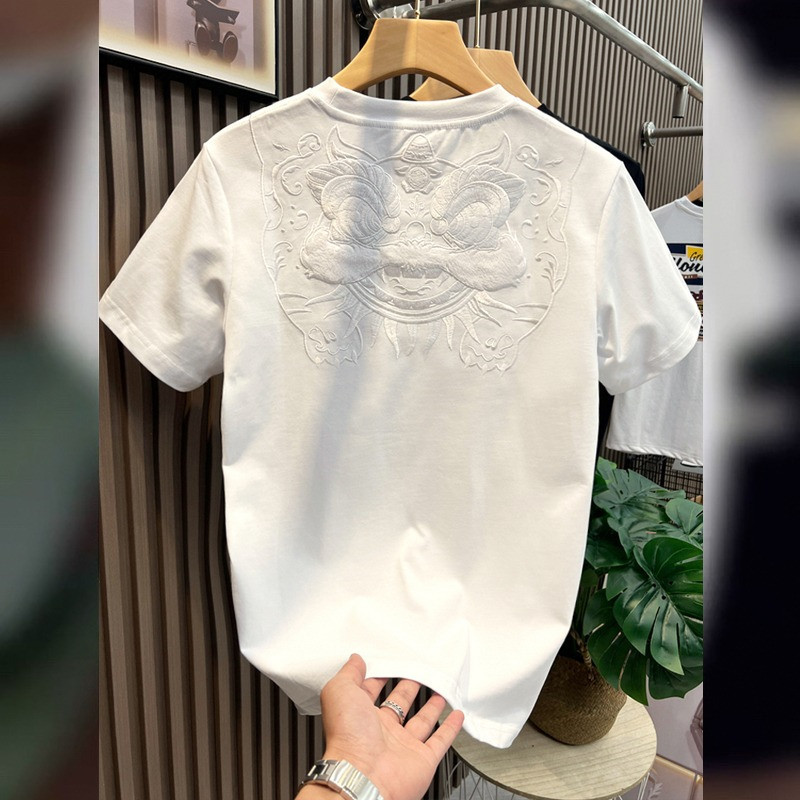 重磅T恤男士夏季高级感纯棉醒狮刺绣体恤国朝纯色简约宽松上衣服