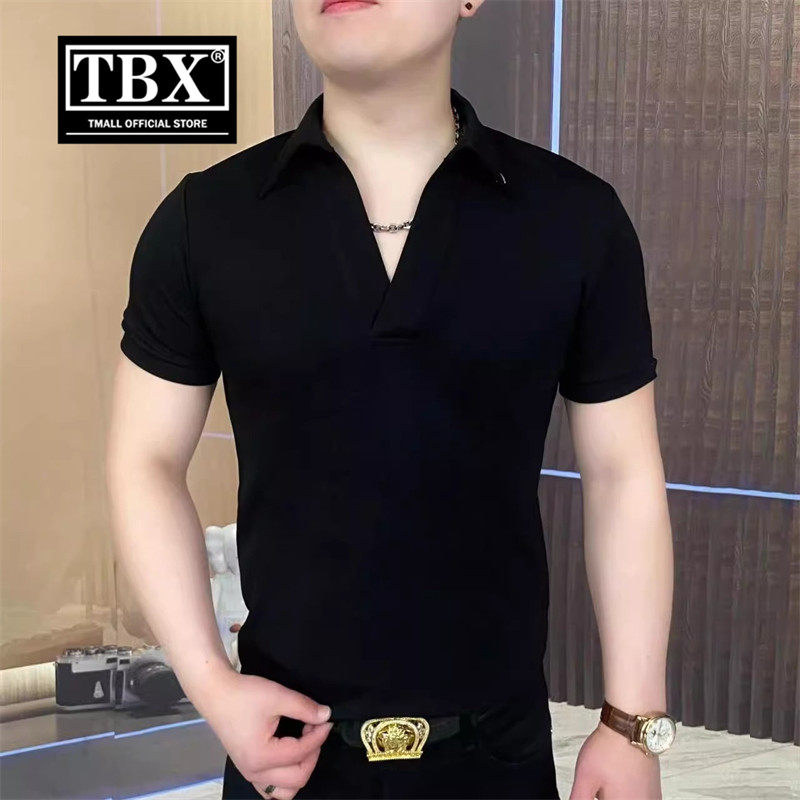 高端冰丝v领Polo衫男士短袖T恤2026新款夏季休闲黑色半袖上衣男款