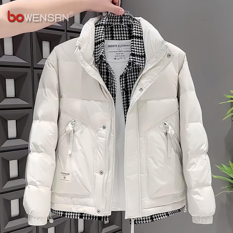 潮牌假两件短款羽绒服男士2025新款冬季高级感白鸭绒冬装外套男款