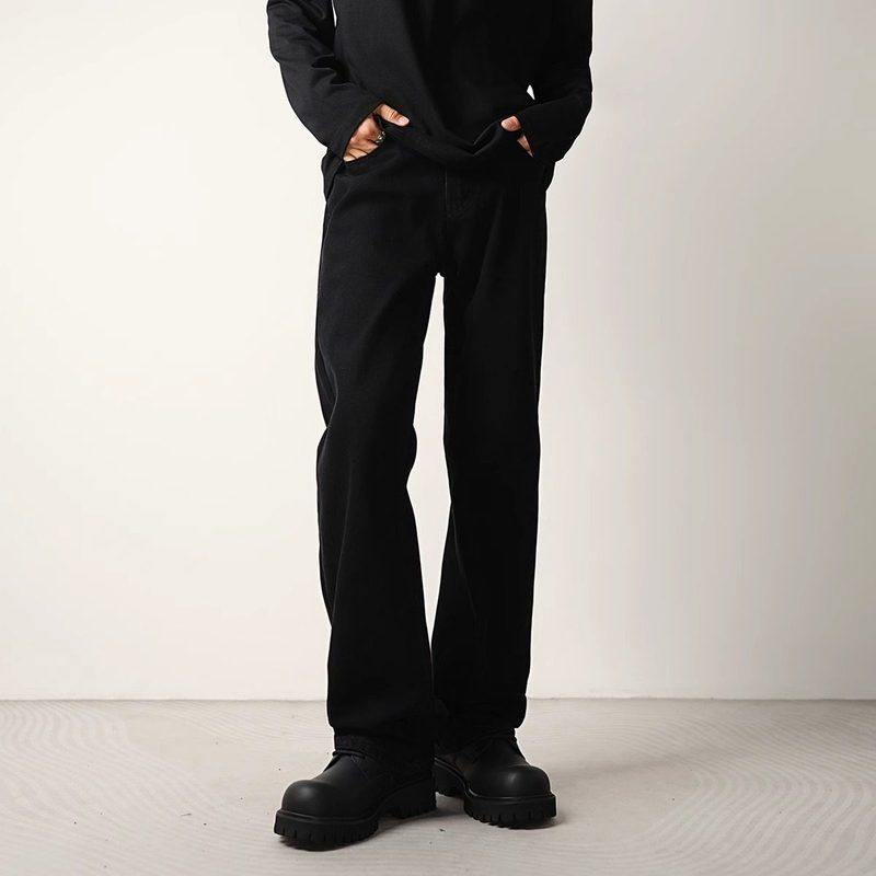 秋冬加绒高端黑色阔腿微喇叭牛仔裤男宽松垂感直筒潮牌休闲长裤子
