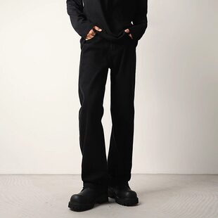 秋冬加绒高端黑色阔腿微喇叭牛仔裤男宽松垂感直筒潮牌休闲长裤子
