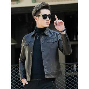 高端绵羊皮真皮皮衣男夹克翻领时尚修身男士机车短款加绒休闲外套