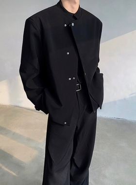 Ander Jurnal新中式垫肩黑色西服外套男秋冬斜门襟设计感小众夹克