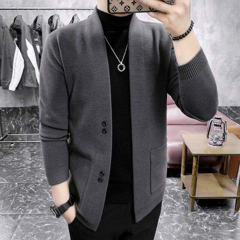 香港新款春秋季男薄款加厚修身休闲v领羊毛开衫针织衫毛衣外套潮