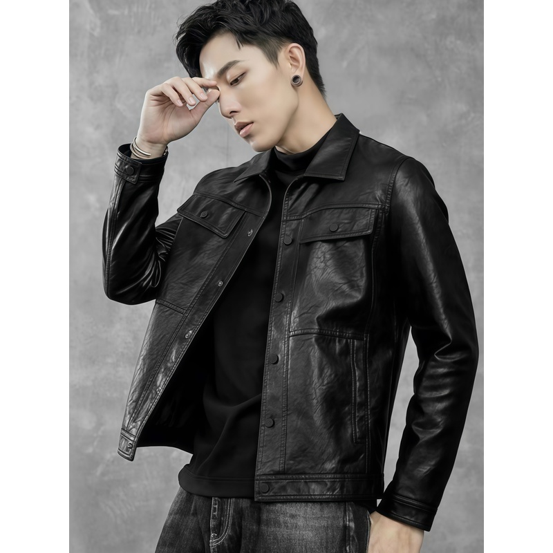 2025新款皮衣外套男高端绵羊皮复古机车品牌男士潮流翻领真皮夹克