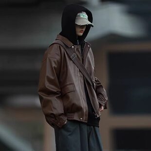 潮牌美拉德棕色皮衣外套男春秋季 痞帅机车服休闲宽松真皮夹克 薄款