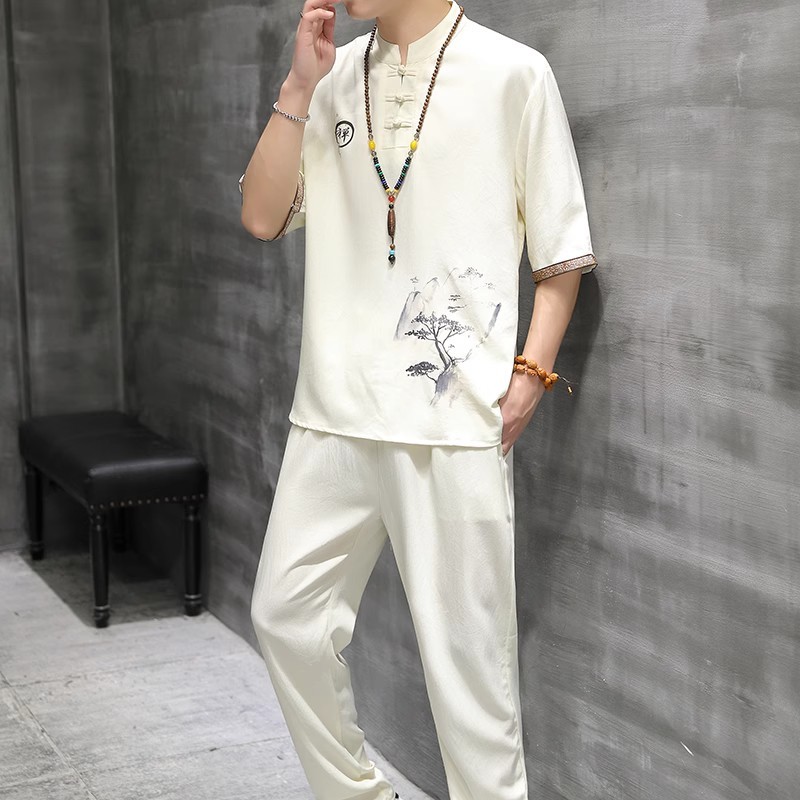 夏季薄款短袖T恤男潮牌休闲冰丝中国风唐装复古汉服长裤两件套装
