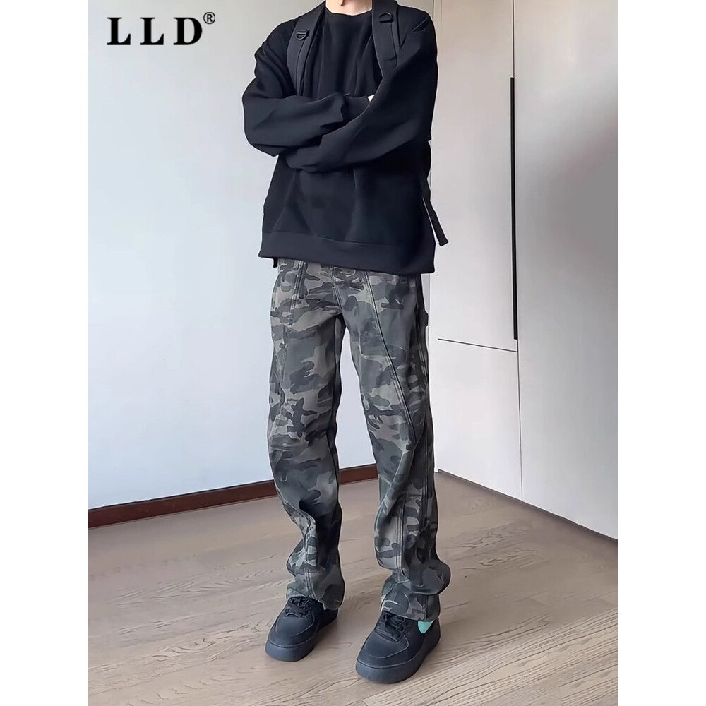 迷彩工装裤男士秋冬2025新款潮牌加绒伐木裤子宽松显瘦直筒微喇裤