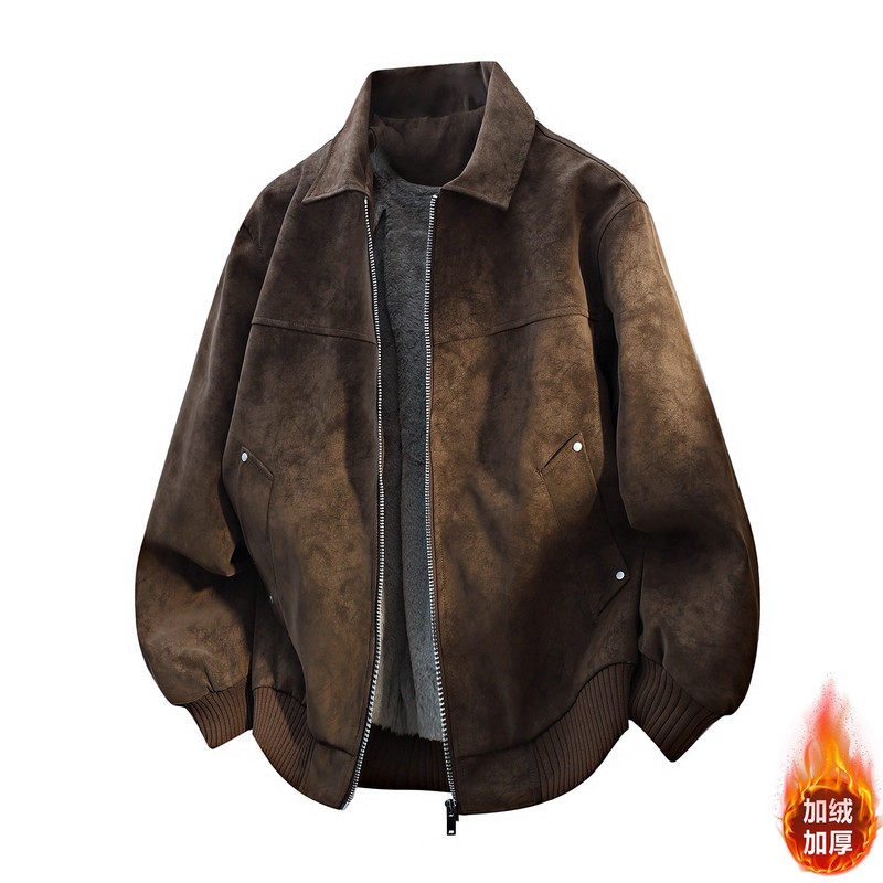 高端翻领男士加绒皮衣外套2025新款秋冬季复古宽松加厚皮夹克男款