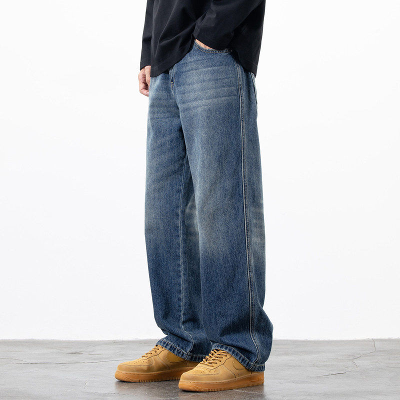秋冬新款水洗蓝色牛仔裤男直筒宽松阔腿垂感休闲大码青少年长裤子