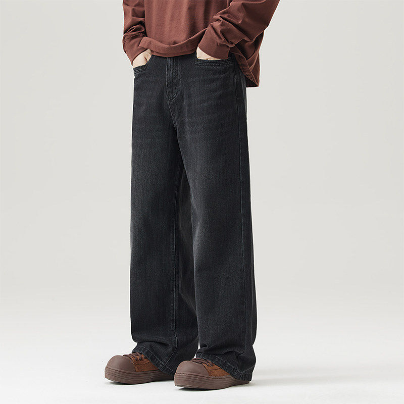 2025秋冬新款黑色直筒牛仔裤男宽松慵懒风潮牌高街阔腿休闲长裤子