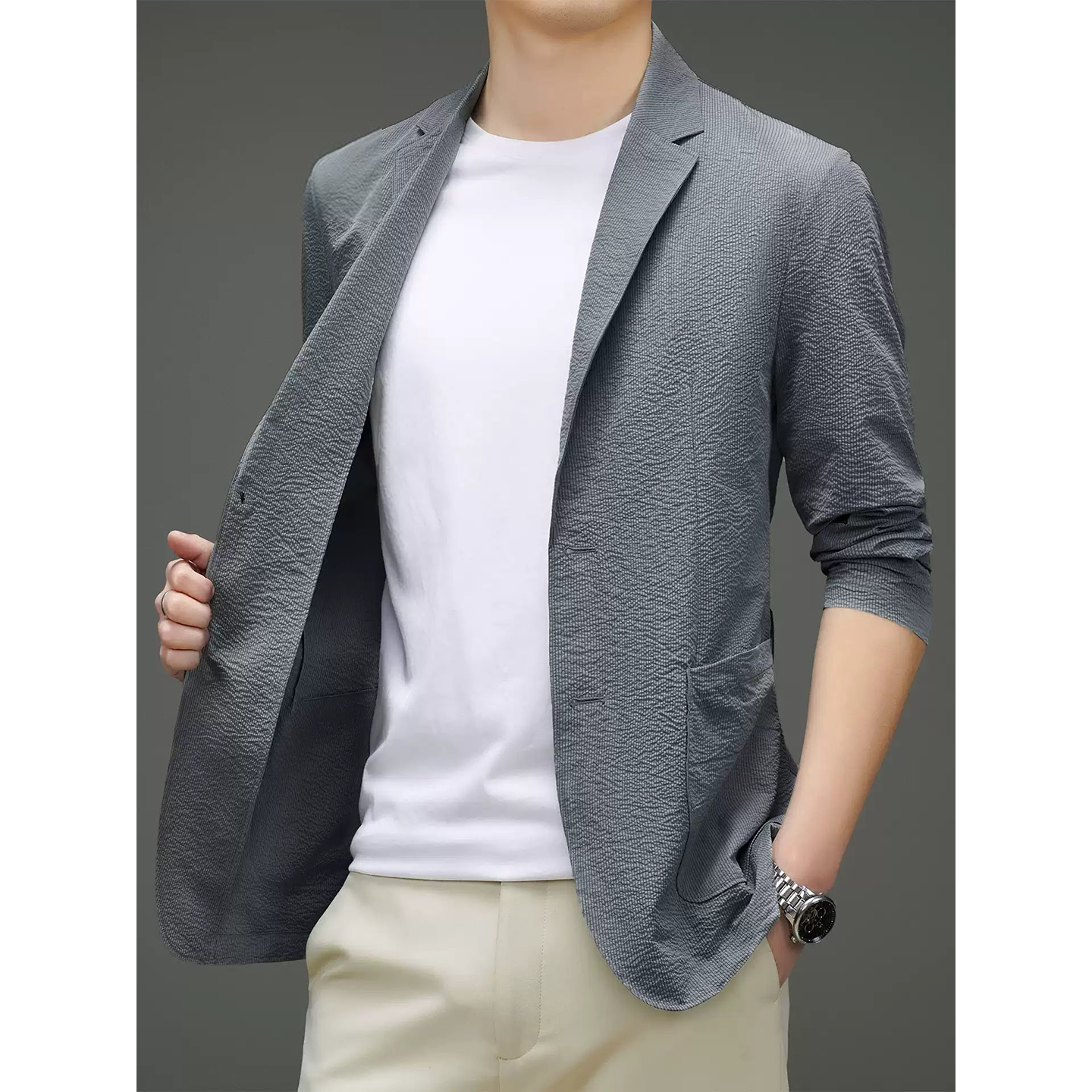 香港男士冰丝西装外套夏季薄款商务休闲防晒西服修身免烫西服高端