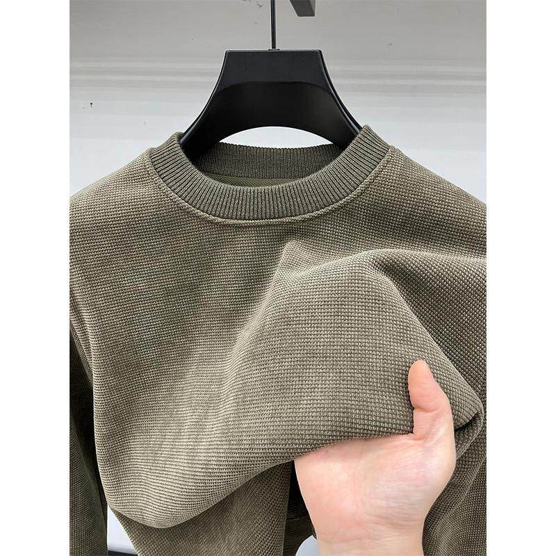 高端加绒加厚卫衣男圆领秋冬装纯色保暖t恤男长袖打底衫内搭衣服