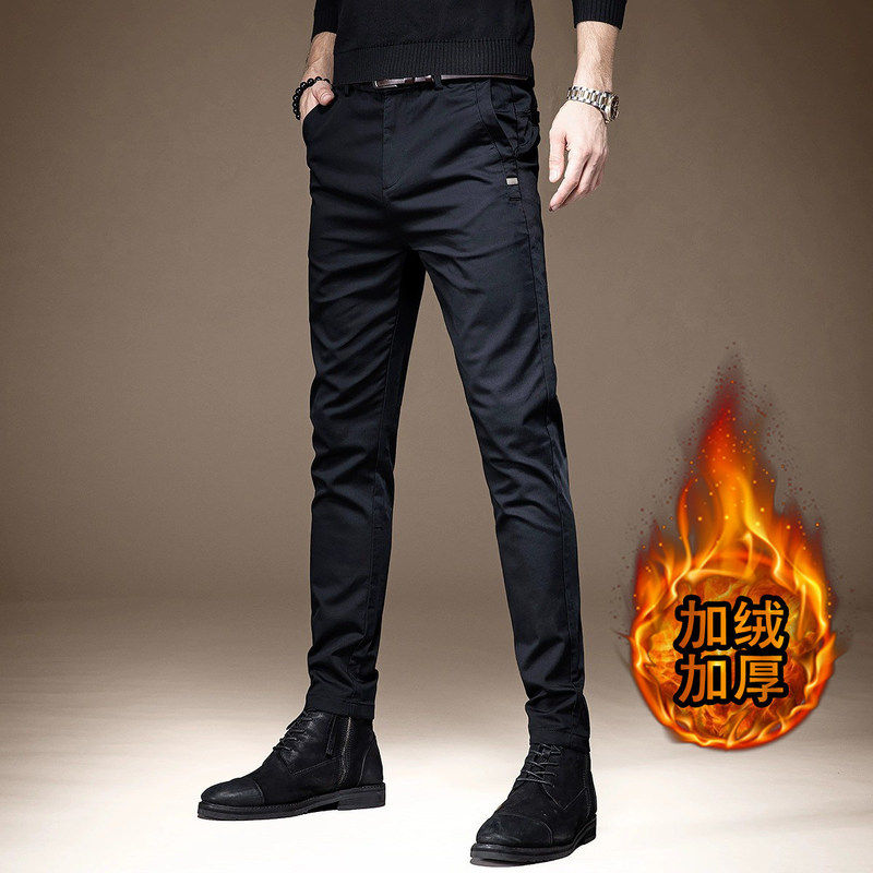 意大利高级感商务西裤男士秋冬款修身小脚韩版潮流黑色加绒休闲裤