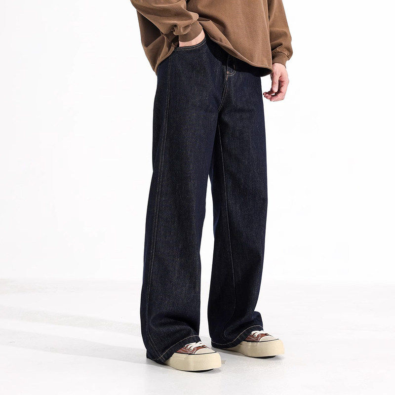秋冬加绒原色宽松直筒牛仔裤男士美式阔腿拖地潮牌垂感休闲长裤子