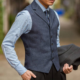 复古谢尔比巴黎扣人字毛呢翻领修身 马甲男意式 羊毛马夹 ins西装
