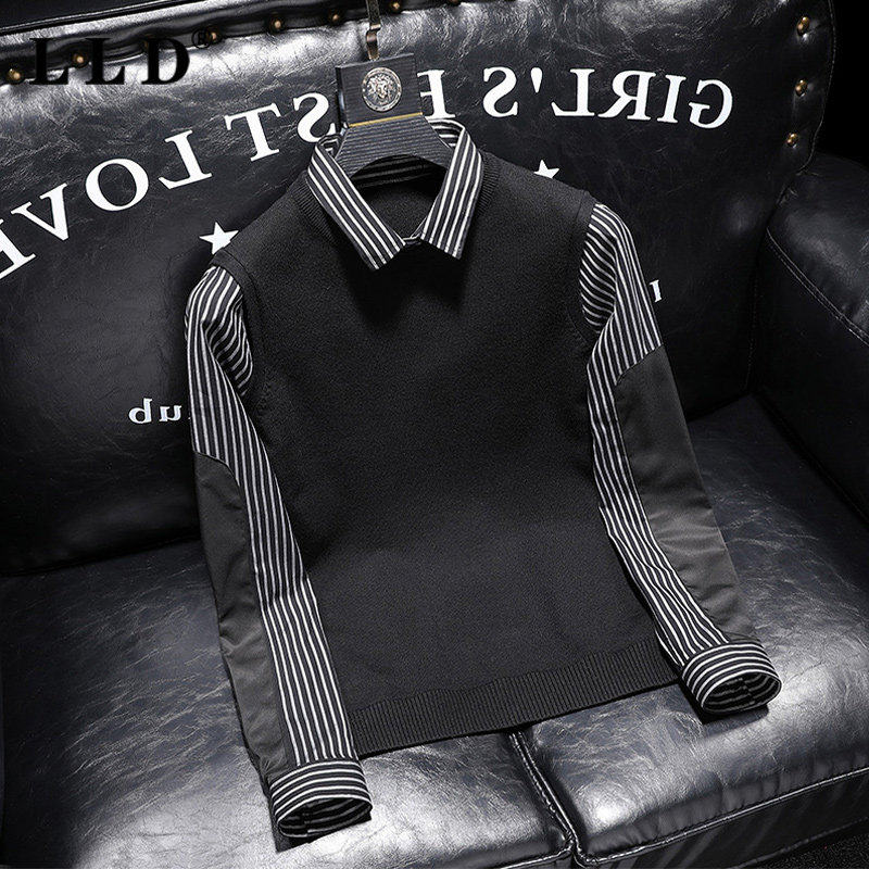 高端条纹假两件毛衣男款秋冬2025新款修身针织长袖衬衫男士打底衫