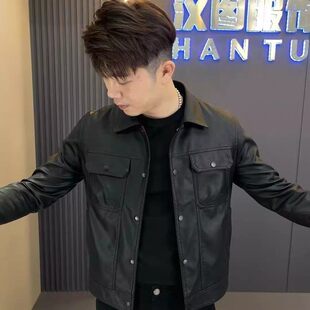 绵羊皮真皮皮衣男新款海宁短款皮夹克男士翻领修身加绒加厚外套潮