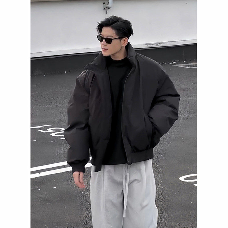 韩国Uamtor黑色飞行夹克羽绒棉服男冬季短款立领oversize美式外套