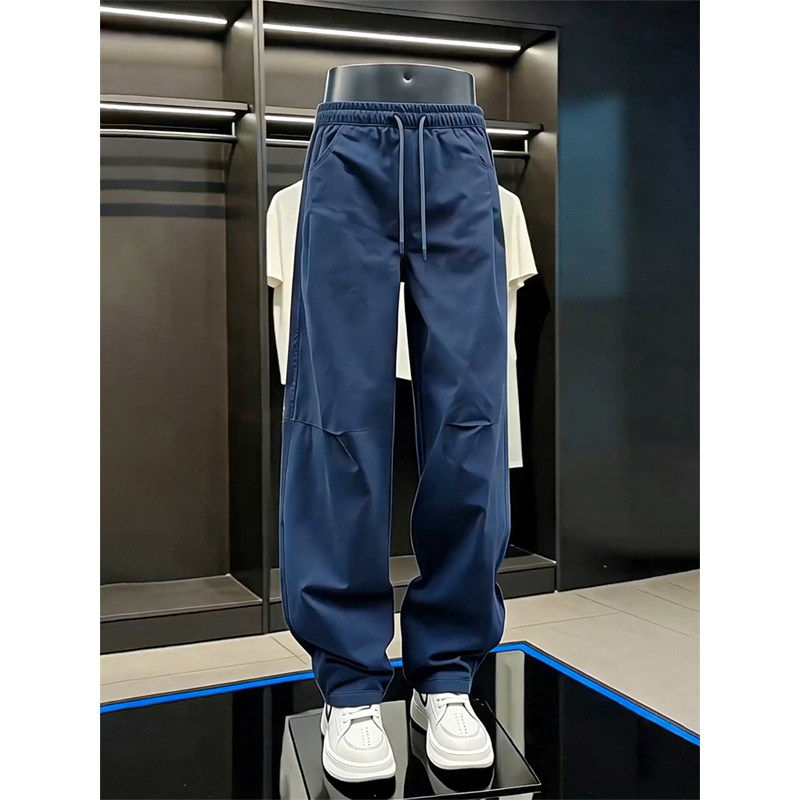 美式复古藏青色褶皱弯刀裤男夏季休闲宽松松紧腰运动直筒工装裤子