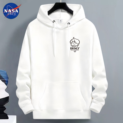 NASA联名连帽卫衣男秋冬季长袖加绒加厚白色宽松学生笑脸潮流外套