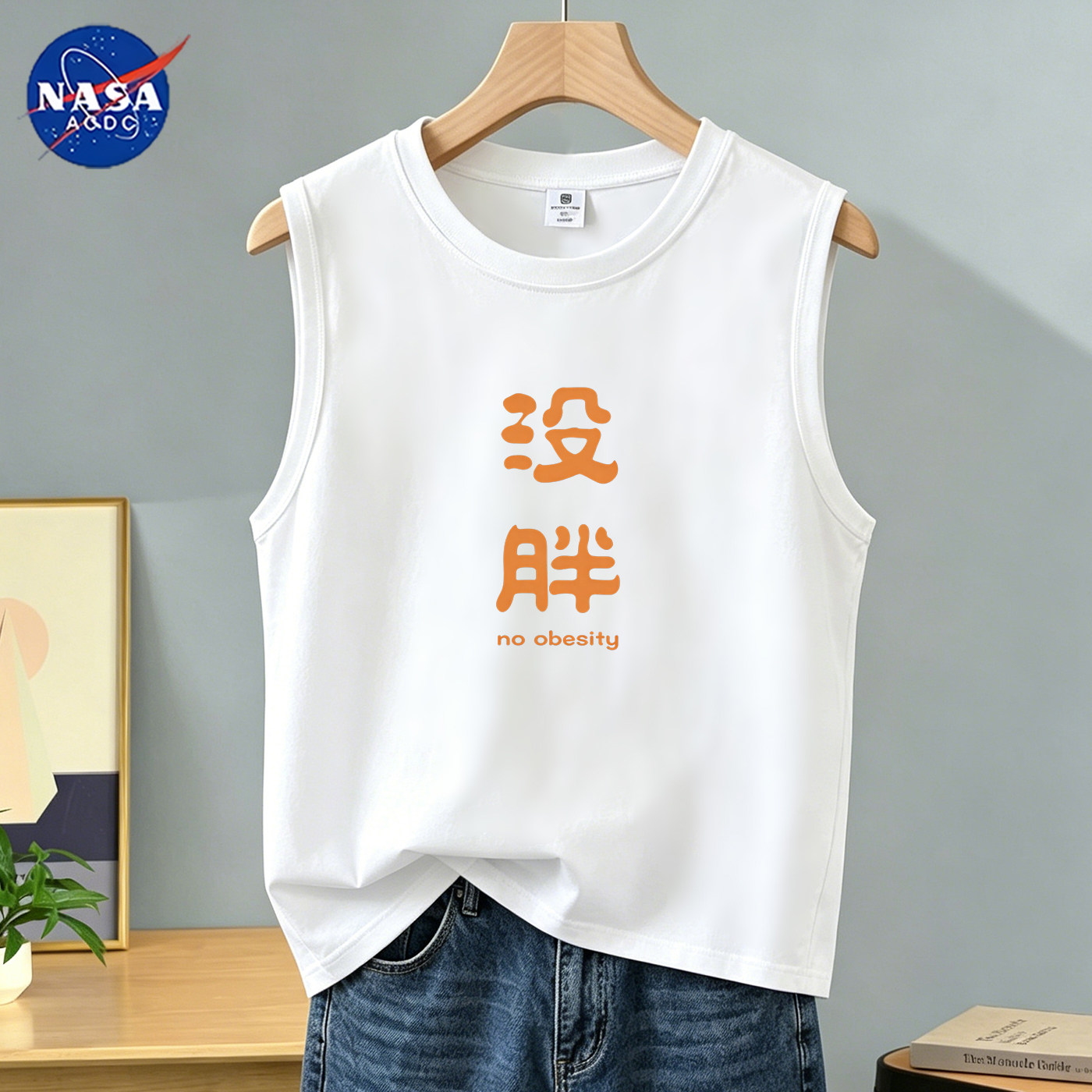 NASA联名纯棉背心男款夏季外穿宽松圆领没胖潮流痞帅运动健身坎肩图片