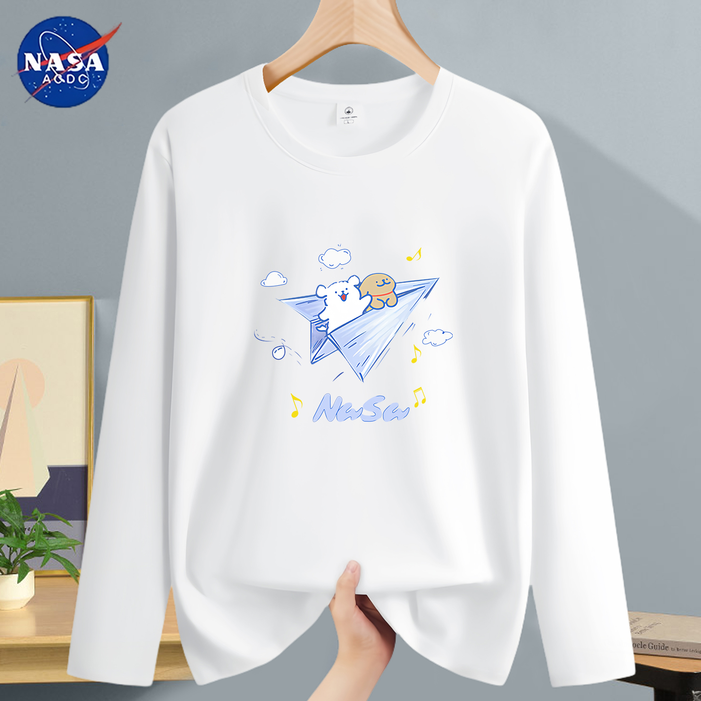 NASA联名纯棉长袖t恤男士圆领白色宽松体恤T内搭男款打底衫衣服潮