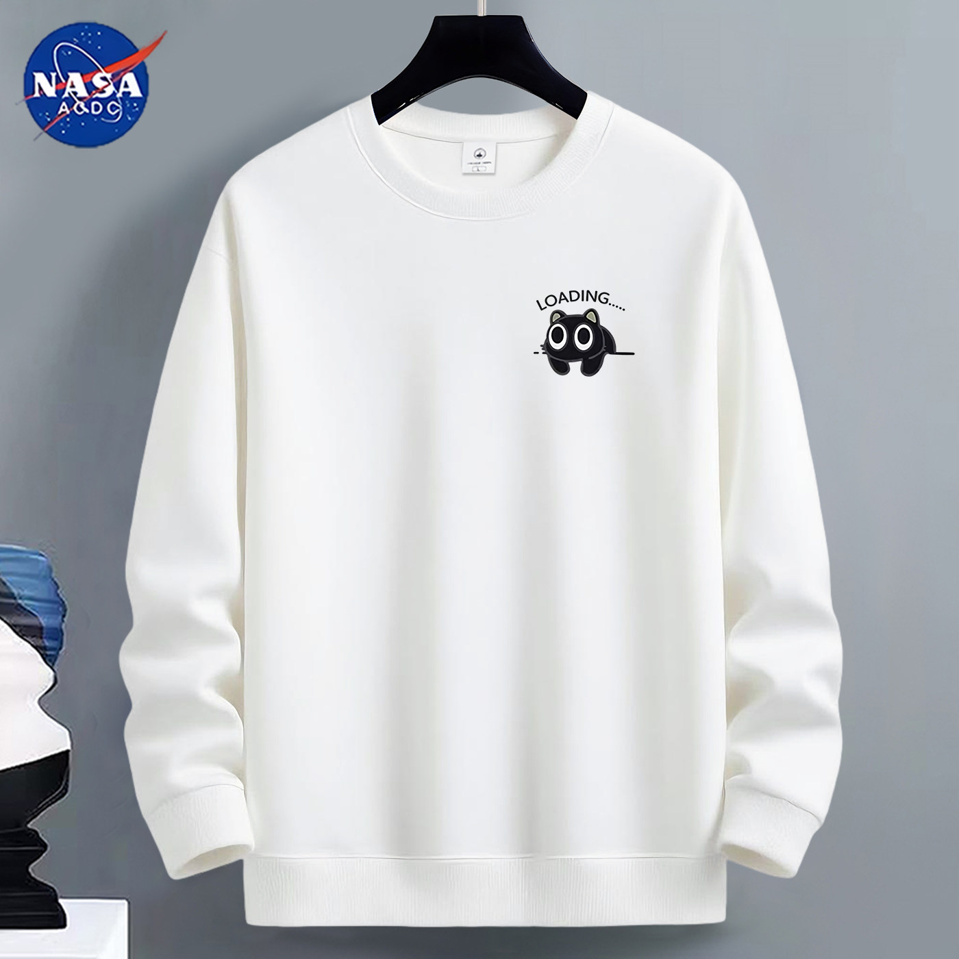 NASA春秋冬卫衣男圆领加绒加厚男生保暖青少年宽松猫咪长袖打底衫