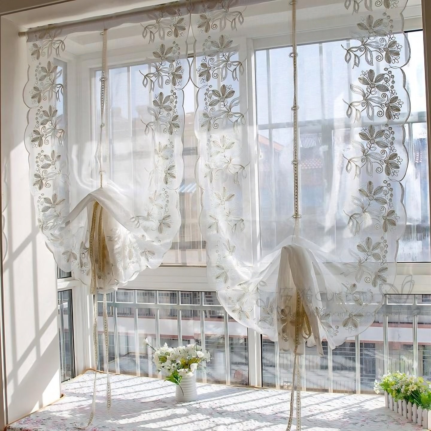 鸢尾成品刺绣罗马窗帘提拉帘升降扇形帘 客厅阳台飘窗气球帘窗纱