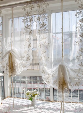 鸢尾成品刺绣罗马窗帘提拉帘升降扇形帘 客厅阳台飘窗气球帘窗纱