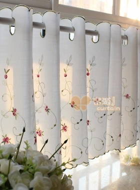韩式小清新咖啡帘 刺绣小花苞半帘短帘橱帘柜帘 厨房帘穿杆帘门帘