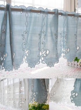 天鹅镂空刺绣咖啡帘韩式蓝色半帘短帘隔断帘橱柜帘厨房小窗帘纱帘