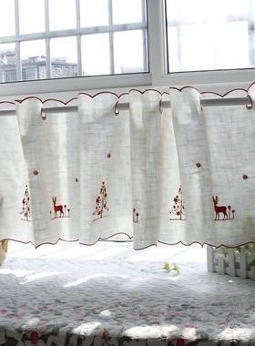 圣诞麋鹿咖啡帘厨房小窗帘飘窗半帘卡通成品短帘隔断帘门帘橱柜帘