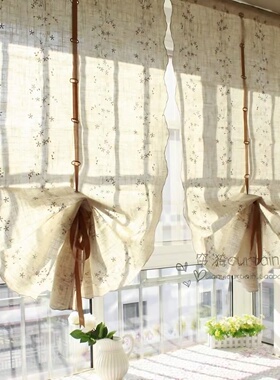 美式棉麻免打孔魔术贴厨房窗帘罗马帘免安装小窗户窗帘飘窗升降帘
