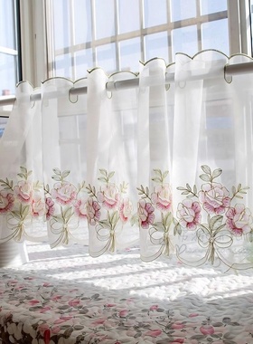 嫣然刺绣半帘咖啡帘 唯美成品小短帘隔断帘 厨房窗帘纱门帘橱柜帘