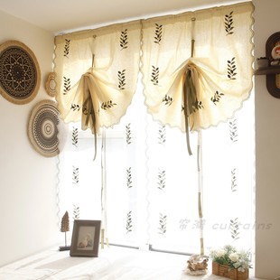 橄榄刺绣魔术贴提拉帘棉麻罗马帘免打孔厨房小窗户窗帘扇形隔断帘