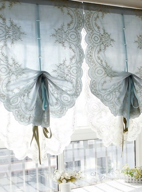 蓝色简欧美式成品气球提拉帘扇形魔术贴免打孔罗马窗帘门帘隔断帘