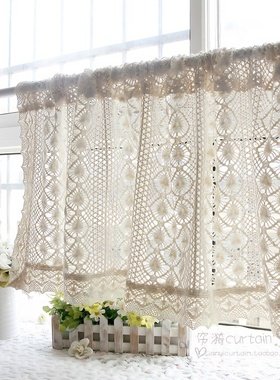 美式棉麻钩针半帘穿杆帘魔术贴免打孔厨房小窗帘门帘橱柜帘隔断帘