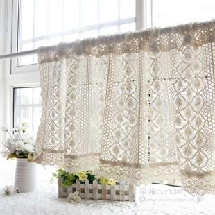 美式棉麻钩针半帘穿杆帘魔术贴免打孔厨房小窗帘门帘橱柜帘隔断帘