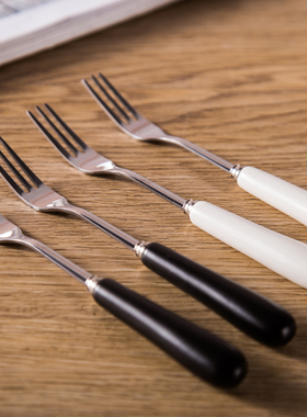 简约创意餐具黑白色水果叉陶瓷不锈钢点心甜品小叉子水果签小勺子