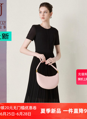 经典故事黑色圆领连衣裙女2026夏季新款纯色中长款压褶设计大摆裙