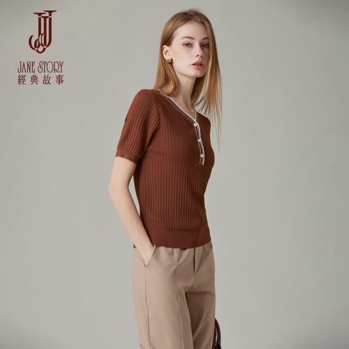 夏季气质短袖V领针织上衣薄款