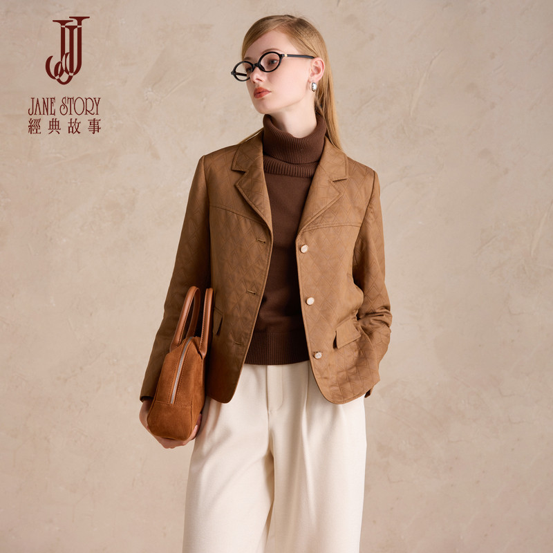 经典故事夹棉格纹西装外套女秋款2025新款通勤别致修身西服小个子