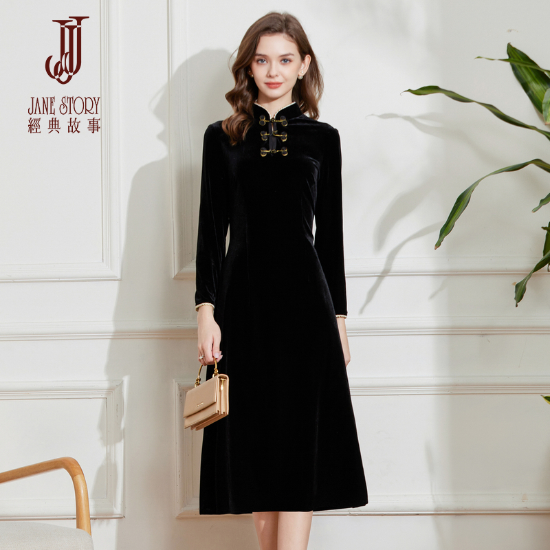 国风气质高贵金丝绒连衣裙女